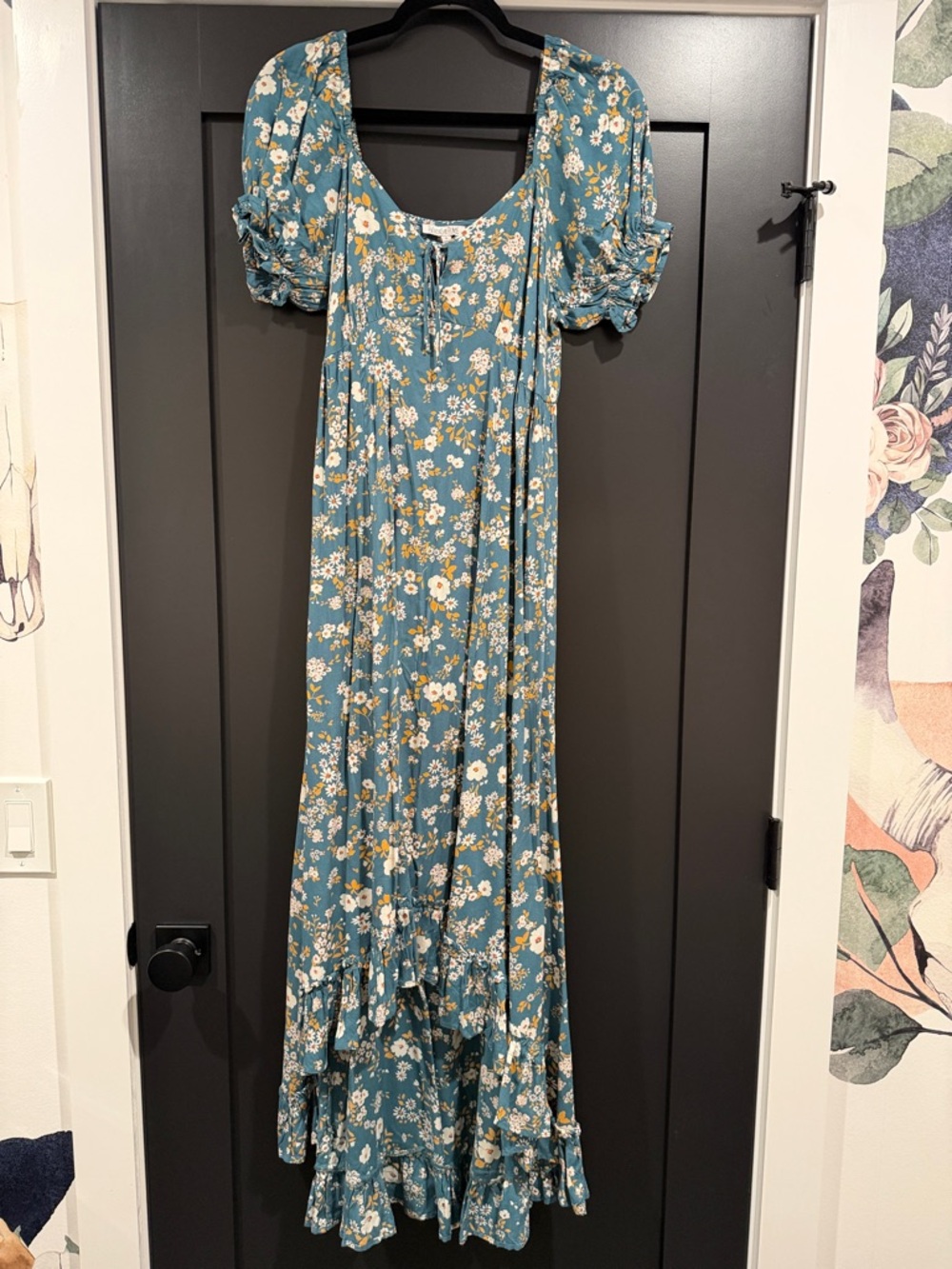 Patrons of Peace Teal Floral Puff-Sleeve Maxi Dress